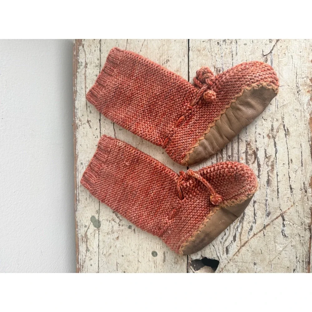 Handmade Knit Slipper Boots Terracotta Orange Leather Sole Kids House Shoes